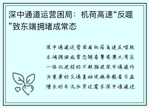 深中通道运营困局：机荷高速“反噬”致东端拥堵成常态