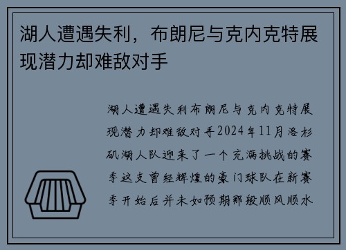湖人遭遇失利，布朗尼与克内克特展现潜力却难敌对手