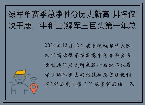绿军单赛季总净胜分历史新高 排名仅次于鹿、牛和士(绿军三巨头第一年总冠军)