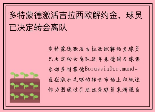 多特蒙德激活吉拉西欧解约金，球员已决定转会离队