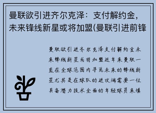 曼联欲引进齐尔克泽：支付解约金，未来锋线新星或将加盟(曼联引进前锋)