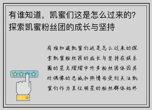 有谁知道，凯蜜们这是怎么过来的？探索凯蜜粉丝团的成长与坚持