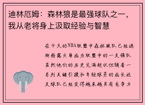 迪林厄姆：森林狼是最强球队之一，我从老将身上汲取经验与智慧