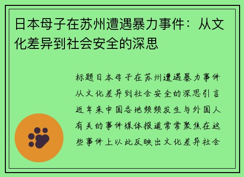 日本母子在苏州遭遇暴力事件：从文化差异到社会安全的深思